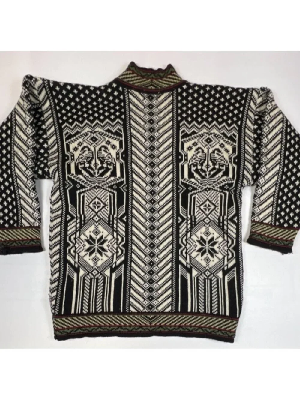 Vintage ODA of Norway Women L Nordic Wool Cardigan Black White Pewter Clasps - Picture 2 of 7